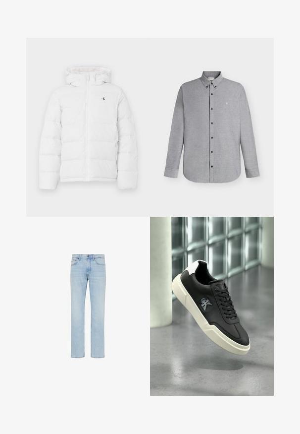 Weisse gepolsterte Jacke mit Kapuze, Frontreißverschluss, seitlichen Taschen und kleinem schwarzen "cK"-Logo auf der Brust.; Hellgraues langärmeliges Hemd mit Knopfleiste und Knopfkragen sowie kleinem "cK"-Logo, das auf der linken Brustseite eingestickt ist.; Hellblaue Straight-Leg-Jeans aus Denim mit vorderem Knopf, Reißverschluss und Fünf-Taschen-Design, gezeigt auf weißem Hintergrund.; Schwarzer Sneaker mit weißer Sohle und Fersenlasche, auf der Seite mit erhabenem "ck"-Logo, präsentiert vor einem grauen, polierten Boden und einer Wand aus Glasbausteinen.
