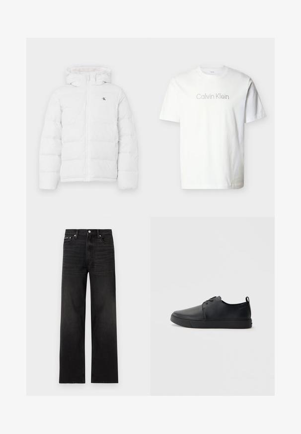 Hvid polstret jakke med hætte, frontlynlås, sidelommer og lille sort "cK" logo på brystet.; Hvid kortærmet t-shirt lavet af bomuld med et gråt "Calvin Klein"-logo på tværs af brystet i en minimalistisk skrifttype.; Sorte jeans med lige ben, fem-lomme design, bæltestropper og knaplukning, vist på en hvid baggrund.; Sorte lædersneakers med en glat finish, rund tå, tonalt syning, snøring foran og en flad gummisål. Løkke ved hælen.