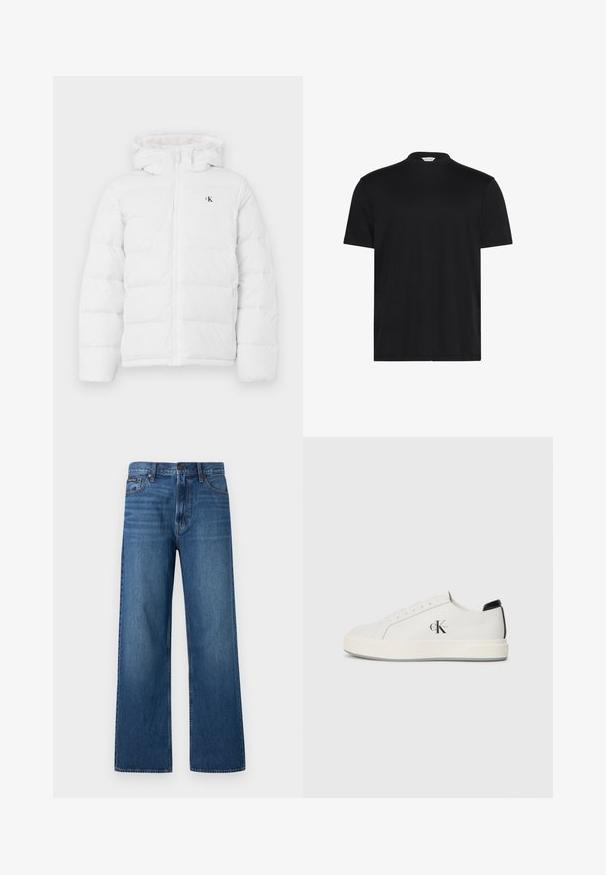 Witte gewatteerde jas met capuchon, frontzipper, zijzakken en klein zwart "cK" logo op de borst.; Zwart T-shirt met een korte, hoge halslijn. Gemaakt van zachte stof, het heeft korte mouwen en een losse pasvorm zonder opvallende patronen of accenten.; Blauwe high-waisted jeans met rechte pijpen, voorzien van een knoop- en ritssluiting aan de voorkant, vijf zakken en een klein merklabel op de rechterzak.; Witte leren sneakers met een ronde neus, platte rubberen zool en zwarte hielaccent. Voorzien van een prominent zwart Calvin Klein-logo aan de zijkant.