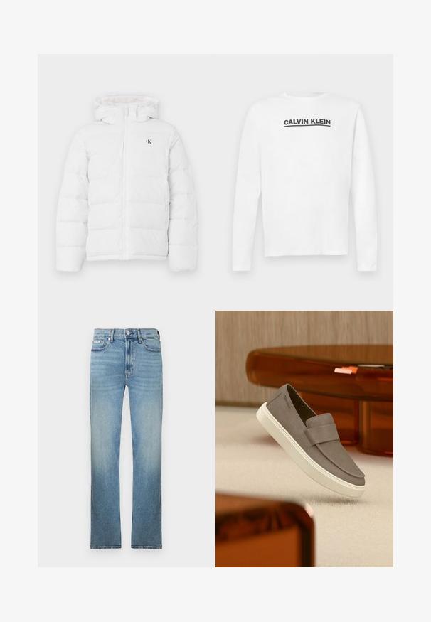 Witte gewatteerde jas met capuchon, frontzipper, zijzakken en klein zwart "cK" logo op de borst.; Witte lange mouwen shirt van katoen, met een zwart "CALVIN KLEIN" logo over de borst en een crewneck. Soepele textuur.; Lichtblauwe spijkerbroek met rechte pijpen, ontwerp met vijf zakken en een vervaagde afwerking. Voorzien van een knoopsluiting en riemlussen.; Grijze suède instapschoen met witte zool, zwevend boven een beige tapijt, met doorschijnend oranje meubilair op de achtergrond.