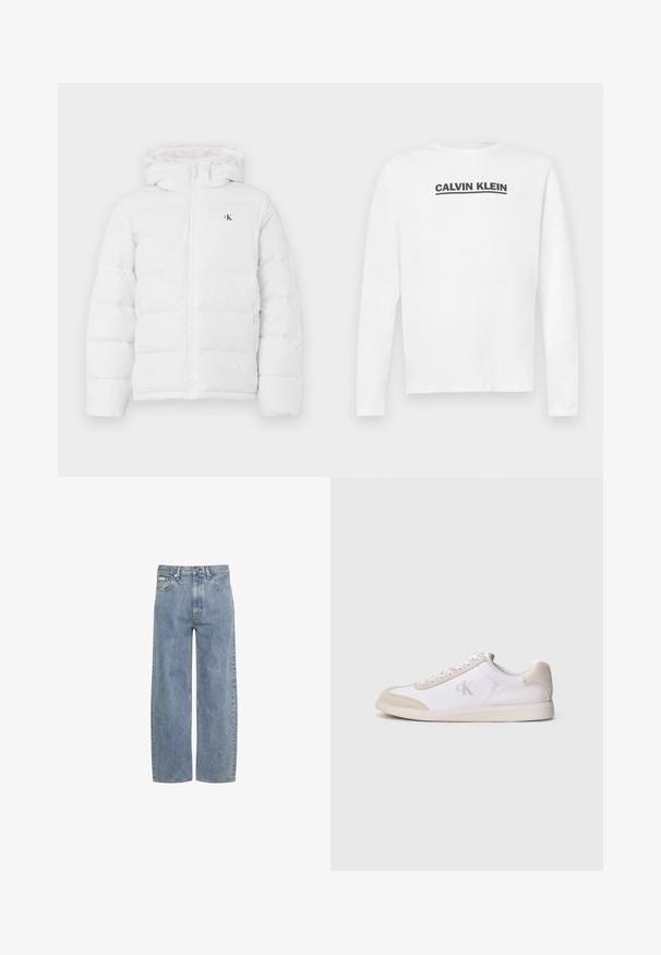 Witte gewatteerde jas met capuchon, frontzipper, zijzakken en klein zwart "cK" logo op de borst.; Witte lange mouwen shirt van katoen, met een zwart "CALVIN KLEIN" logo over de borst en een crewneck. Soepele textuur.; Lichtblauwe jeans met rechte pijpen, knoop- en ritsluiting aan de voorkant, riemlussen en een ontwerp met vijf zakken.; Witte en beige lage sneaker met vetersluiting, suède accenten en "cK"-logo op de zijkant, zijaanzicht tegen een effen achtergrond weergegeven.