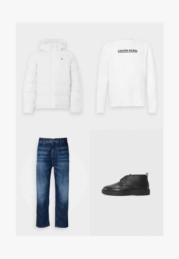 Hvid polstret jakke med hætte, frontlynlås, sidelommer og lille sort "cK" logo på brystet.; Hvid langærmet skjorte lavet af bomuld, med et sort "CALVIN KLEIN" logo på tværs af brystet og rund halsudskæring. Glat tekstur.; Mørkeblå lige ben denim jeans med diskret falmning på lårene og en knaplukning ved taljen, præsenteret på en hvid baggrund.; Sorte læder ankelstøvler med glat tekstur, rund tå og sort gummisål. Har en snørelukning og en hælflap for nem påtagning.