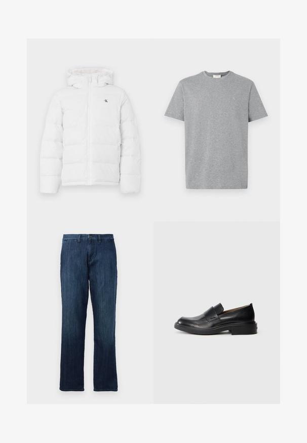Witte gewatteerde jas met capuchon, frontzipper, zijzakken en klein zwart "cK" logo op de borst.; Grijze katoen T-shirt met een ronde hals, korte mouwen en een klein logo op de linkerborst. Eenvoudig, klassiek ontwerp en textuur.; Donkerblauwe denim jeans met een straight-leg ontwerp, voorzien van een sluiting met een vooraanliggende knoop en een standaard vijf-pocket stijl. Soepele textuur en gemiddeld gewicht.; Zwarte leren instap schoenen met een lage hak en subtiel Calvin Klein-logo aan de zijkant, weergegeven in profiel op een witte achtergrond.