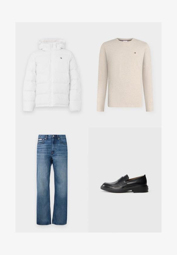 Witte gewatteerde jas met capuchon, frontzipper, zijzakken en klein zwart "cK" logo op de borst.; Beige longsleeve shirt met ronde hals en klein rechthoekig rood, wit en blauw logo op de linkerborst tegen een effen achtergrond.; Blauwe rechte spijkerbroek met lichte vervaging, gesloten met een knoop aan de voorkant en een klein logolabel op de rechter voorkzak.; Zwarte leren instap schoenen met een lage hak en subtiel Calvin Klein-logo aan de zijkant, weergegeven in profiel op een witte achtergrond.