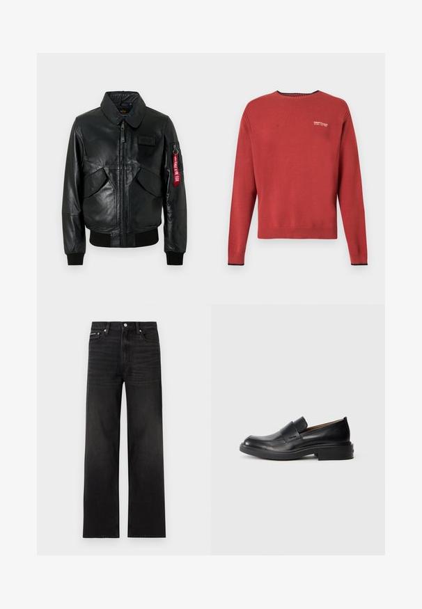 Blouson aviateur en cuir noir avec fermeture éclair à l'avant, deux poches inclinées, poignets et ourlet côtelés, et étiquette rouge "Remove Before Flight" sur la poche de la manche gauche.; Pull rouge à manches longues avec col rond, poignets et bas côtelés, avec petit logo blanc Armani Exchange sur le côté gauche de la poitrine.; Jean noir droit avec cinq poches, passants pour ceinture et fermeture par bouton, présenté sur un fond blanc.; Chaussure habillée noire en cuir, à enfiler, avec un petit talon et un logo Calvin Klein discret sur le côté, présentée de profil sur un fond blanc.