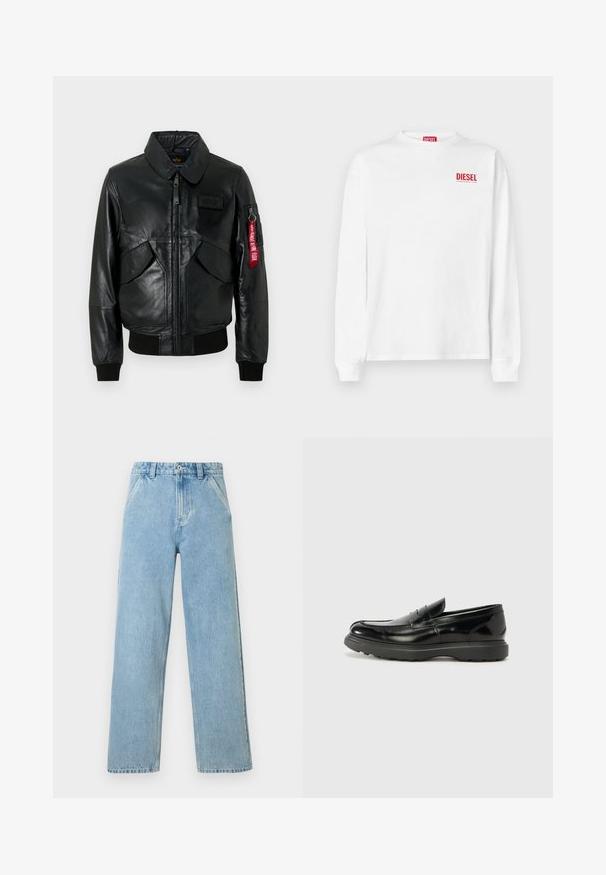 Blouson aviateur en cuir noir avec fermeture éclair à l'avant, deux poches inclinées, poignets et ourlet côtelés, et étiquette rouge "Remove Before Flight" sur la poche de la manche gauche.; T-shirt en coton blanc à manches longues avec un logo rouge "DIESEL" sur le côté supérieur gauche de la poitrine. Encolure rond simple et coupe standard.; Jean droit en denim bleu clair avec poches avant, passants pour ceinture, fermeture par boutons et détails de coutures visibles sur fond blanc.; Mocassin en cuir noir avec une finition brillante, bout arrondi, détails de couture subtils et semelle en caoutchouc épaisse pour la durabilité.
