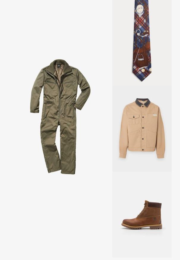 Veste beige avec col noir, fermeture à boutons, deux grandes poches basses, une poche poitrine à bouton, et le logo Columbia sur la poitrine.; Combinaison olive en tissu résistant, avec un zip sur le devant, un col côtelé et plusieurs poches zippées à la poitrine et sur les côtés.; Botte de randonnée en cuir marron avec une finition lisse, cheville rembourrée, œillets en métal et semelle en caoutchouc dotée d'un motif de crampons robuste.; Cravate avec un motif à carreaux présentant des illustrations détaillées d'équipement équestre, comprenant un casque, une selle, un étrier, une cravache et des balles de polo.