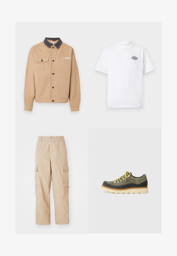 Veste beige avec col noir, fermeture à boutons, deux grandes poches basses, une poche poitrine à bouton, et le logo Columbia sur la poitrine.; T-shirt blanc à manches courtes avec petit logo Dickies noir et blanc sur la poitrine gauche, col rond, design uni.; Pantalons cargo beige avec une coupe décontractée, fabriqués en tissu léger, dotés de deux poches cargo latérales et d'une fermeture à bouton à la taille.; Baskets en daim vert olive avec des bordures en caoutchouc noir, des lacets jaunes, une semelle intermédiaire beige et une semelle épaisse à rainures off-white.