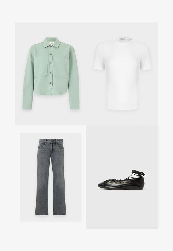 Chemise verte courte avec un col à revers, deux poches avant et une fermeture à boutons. Confectionnée dans un tissu texturé avec une finition douce.; T-shirt blanc à manches courtes, côtelé, col rond avec une coupe ajustée et une petite étiquette de marque à l'intérieur du col.; Jeans en denim gris à jambe droite avec bouton frontal, fermeture éclair et cinq poches, présentés sur un fond blanc.; Ballerines en cuir verni noir avec un bout rond, un design à lacets et une semelle plate. Texture lisse avec peu de détails.