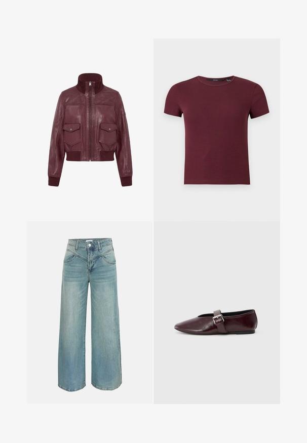 Veste en cuir bordeaux avec col montant, poignets et ourlet côtelés, fermeture éclair à l'avant, et deux poches à rabat frontales avec boutons-pressions.; Crop top à manches courtes en maille côtelée col rond couleur bordeaux avec silhouette ajustée.; Jean denim bleu clair à jambes larges, taille haute, fermeture à boutons et zip à l'avant, avec poches avant, présenté sur un fond uni.; Ballerines en cuir bordeaux avec un bout pointu, une semelle plate et une sangle décorative avec boucle sur le cou-de-pied. Texture lisse et brillante.