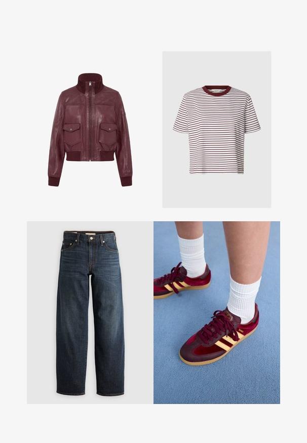 Veste en cuir bordeaux avec col montant, poignets et ourlet côtelés, fermeture éclair à l'avant, et deux poches à rabat frontales avec boutons-pressions.; T-shirt blanc à manches courtes avec de fines rayures horizontales rouge foncé et un col rond uni rouge foncé.; Jean bleu foncé en denim, avec une coupe droite, style cinq poches, accents de surpiqûres et fermeture à bouton.; Baskets en daim et cuir bordeaux avec des rayures jaunes et une semelle en gomme. Chaussettes blanches côtelées visibles au-dessus de la cheville, posées sur une surface texturée bleue.