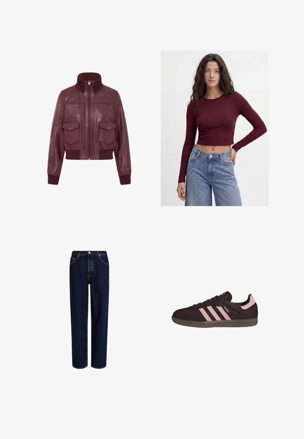 Veste en cuir bordeaux avec col montant, poignets et ourlet côtelés, fermeture éclair à l'avant, et deux poches à rabat frontales avec boutons-pressions.; Jeune femme aux longs cheveux foncés porte un crop top bordeaux ajusté à manches longues et un jean bleu taille haute, debout devant un fond uni.; Jeans en denim bleu foncé avec une coupe droite, dotés d'une taille haute, d'un style à cinq poches et de coutures contrastantes. Sans embellissements.; Baskets en daim noir avec trois bandes roses, bout rond, semelle en caoutchouc et col rembourré. Présente un logo embossé sur le côté et la languette.