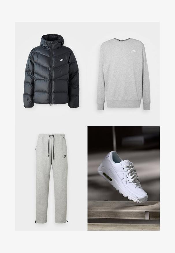 Chaqueta acolchada negra con capucha, con cierre de cremallera al frente, diseño de acolchado en forma de chevron, bolsillos laterales y logo de Nike en el pecho.; Sudadera gris de tejido suave, con mangas largas, cuello redondo y un pequeño logo blanco de Nike en el pecho.; Pantalones de chándal Nike grises con cintura ajustable por cordón, bolsillos laterales y puños elásticos. Presentan una textura suave y un detalle del logo negro en contraste.; Zapatilla blanca de piel con superficies texturizadas, cuello acolchado y amortiguación de aire visible en la suela. Presenta cordones y un diseño minimalista.