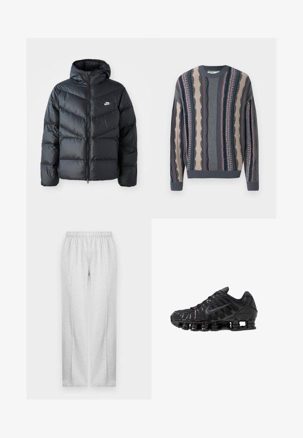 Must must vilakapp, millel on kapuuts, esiosal on lukuga kinnitamine, chevroni õmblusmustri disain, küljetaskud ja Nike logo rinnal.; Kootud sviiter ümmarguse kaeluse ja vahelduvate triipudega tumesinises, kreemis ja punases värvitoonis. Reljeefsed mustrid ribakäe- ja -äärtega.; Hallid hallid spordipüksid elastse vöökohtaga, sirgete jalgade ja tagasihoidlike külgõmblustega. Valmistatud pehmest ja kergest kangast. Minimalistlik disain.; Mustad võrgu- ja sünteetilisest materjalist sportlikud jalanõud, millel on eriline laineline disain, must kummist talla ja peegeldavad lisandid.