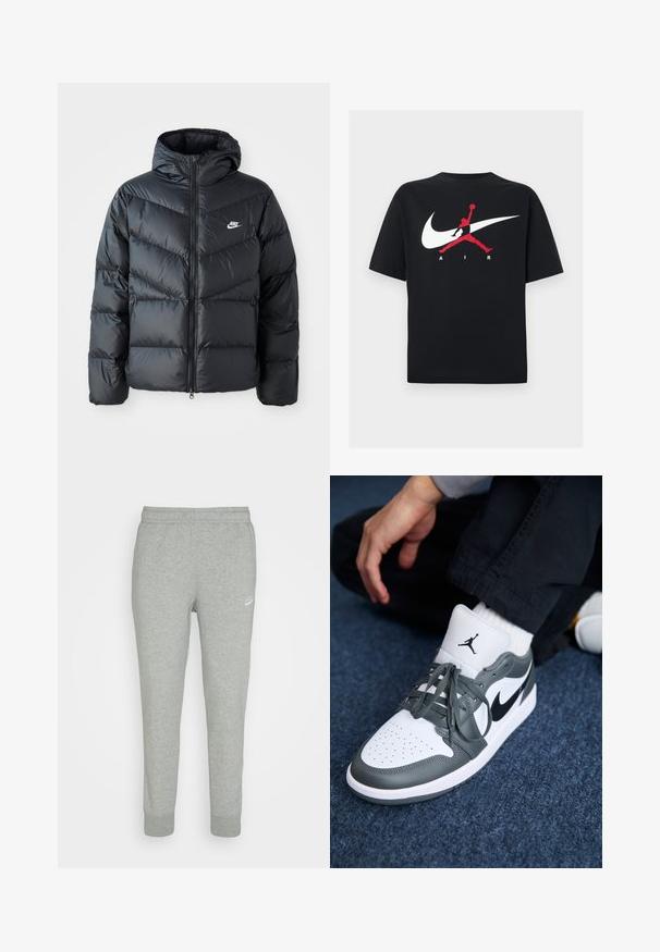 Sort dunjakke med hætte, der har lynlås foran, chevron quiltet design, sidelommer og Nike-logo på brystet.; Sort bomuld t-shirt med rund hals, med en stor hvid Nike swoosh og en rød Jumpman-logo sammen med teksten "AIR" i hvid.; Grå sweatpants lavet af blødt stof, med tapered ben design, elastisk talje og lille hvid Nike-logo på venstre lår.; Nike Air Jordan 1 sneakers i hvidt og grå læder, med et sort logo, perforeret tå og flade grå snørebånd.