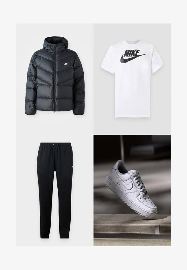 Čierna prešívaná bunda s kapucňou, disponujúca zipsovým uzáverom, dizajnom v tvare chevronu, bočnými vreckami a logom Nike na hrudi.; Biele tričko s krátkym rukávom s čiernym logom Nike a swooshom uprostred na hrudi na jednofarebnom sivom pozadí.; Čierne teplákové nohavice z mäkkej tkaniny, s elastickým pásom na šnúrky, s manžetami na členkoch a malým logom na boku.; Biely kožený teniska Nike Air Force 1 má perforovanú špičku, ploché šnúrky a štruktúrovanú gumovú podrážku s nápisom „AIR“ na boku.
