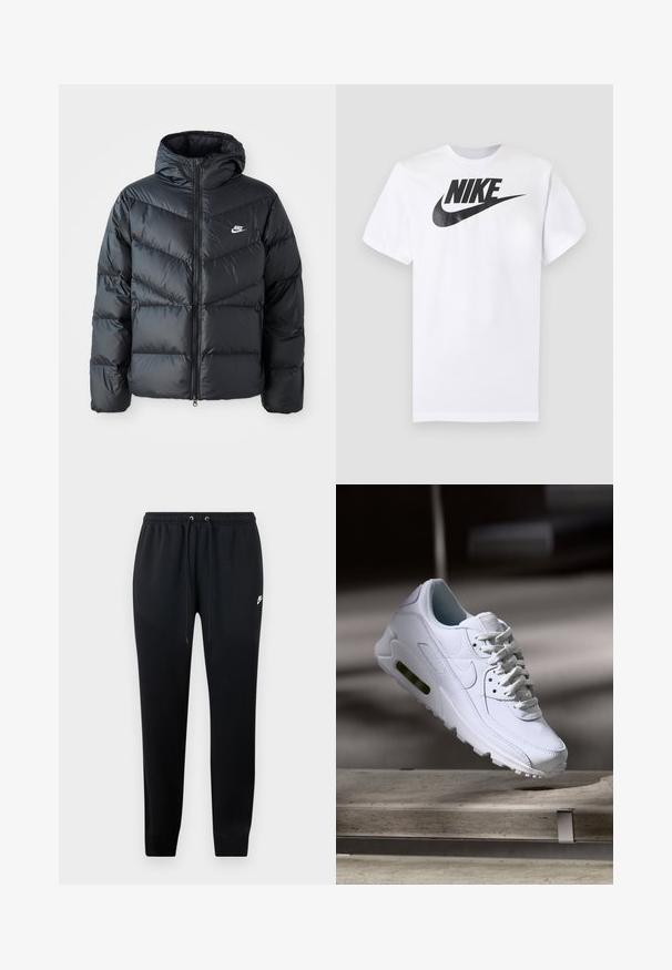 Čierna prešívaná bunda s kapucňou, disponujúca zipsovým uzáverom, dizajnom v tvare chevronu, bočnými vreckami a logom Nike na hrudi.; Biele tričko s krátkym rukávom s čiernym logom Nike a swooshom uprostred na hrudi na jednofarebnom sivom pozadí.; Čierne teplákové nohavice z mäkkej tkaniny, s elastickým pásom na šnúrky, s manžetami na členkoch a malým logom na boku.; Biele kožené tenisky s textúrovanými povrchmi, polstrovaným golierom a viditeľným vzduchovým odpružením v podrážke. Majú šnúrky a minimalistický dizajn.