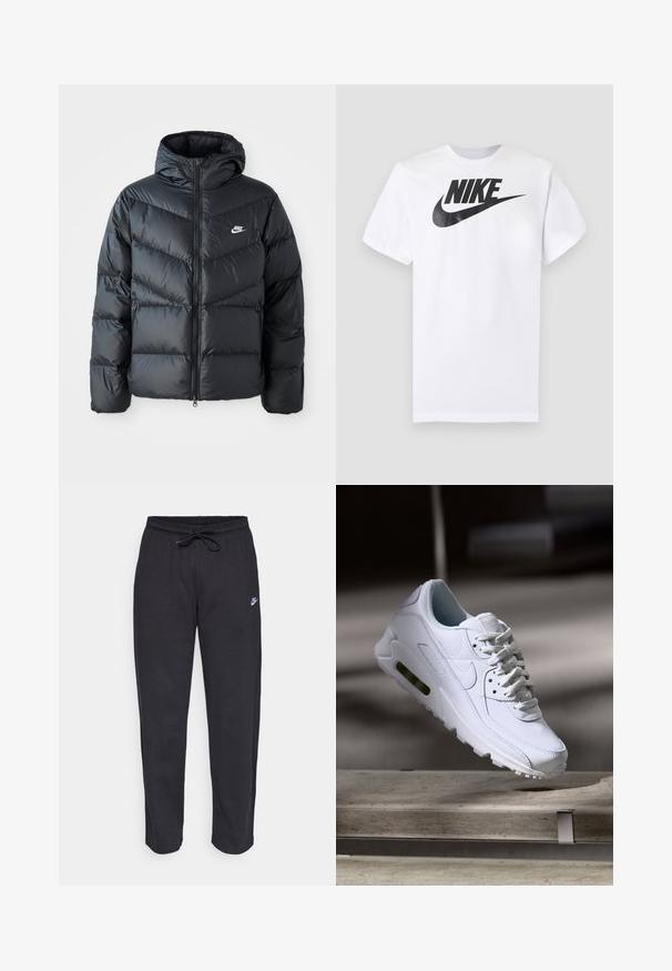 Schwarze Pufferjacke mit Kapuze, mit Reißverschluss vorne, Chevron-Steppdesign, Seiten Taschen und Nike-Logo auf der Brust.; Weißes kurzärmeliges T-Shirt mit schwarzem Nike-Logo und Swoosh, zentriert auf der Brust, vor einfarbigem grauem Hintergrund.; Schwarze Sweatpants aus weichem Stoff mit elastischem Bund, Kordelzug und kleinem Nike-Logo auf dem linken Oberschenkel.; Weiße Lederturnschuhe mit strukturierten Oberflächen, gepolstertem Kragen und sichtbarer Luftpolsterung in der Sohle. Verfügt über Schnürsenkel und ein minimalistisches Design.