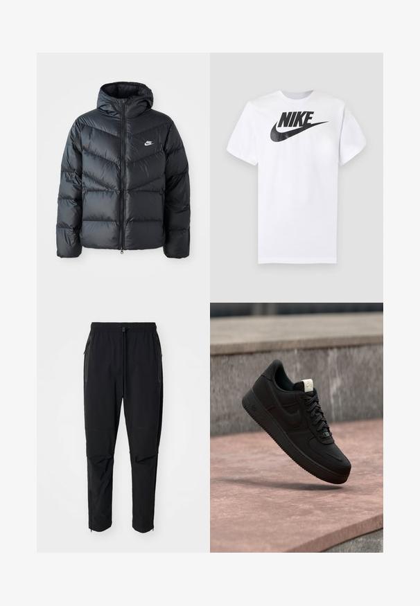 Sort dunjakke med hætte, der har lynlås foran, chevron quiltet design, sidelommer og Nike-logo på brystet.; Hvid T-shirt med korte ærmer med sort Nike-logo og swoosh centreret på brystet mod en ensfarvet grå baggrund.; Sort, lette udendørsbukser med elastisk talje og justerbar snoretræk. Har lynlåslommer og tapered manchetter.; Sort Nike Air Force 1 sneaker, der svæver over en lyserød betonforkant med en grå stenet baggrund, som viser sidde- og topdetaljer.