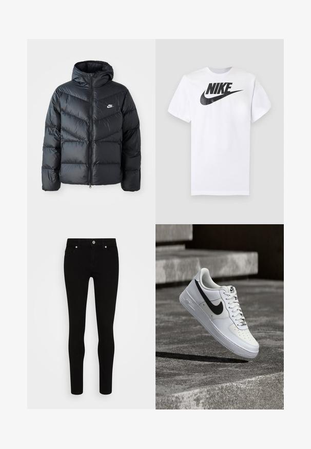 Sort dunjakke med hætte, der har lynlås foran, chevron quiltet design, sidelommer og Nike-logo på brystet.; Hvid T-shirt med korte ærmer med sort Nike-logo og swoosh centreret på brystet mod en ensfarvet grå baggrund.; Sorte skinny jeans med en glat tekstur, fem lommer, frontlukning med knap og en slank silhuet. Minimalistisk stil uden synlige mønstre.; Hvid Nike Air Force 1-sneaker med sort swoosh, snørebånd bundet, placeret i luften over tekstureret betonoverflade udendørs.