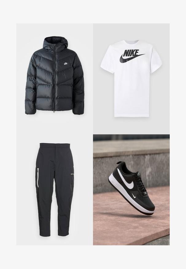 Schwarze Pufferjacke mit Kapuze, mit Reißverschluss vorne, Chevron-Steppdesign, Seiten Taschen und Nike-Logo auf der Brust.; Weißes kurzärmeliges T-Shirt mit schwarzem Nike-Logo und Swoosh, zentriert auf der Brust, vor einfarbigem grauem Hintergrund.; Schwarze cargo Hosen aus leichtem Stoff. Zu den Merkmalen gehören Reißverschlusstaschen an der Seite und ein strukturiertes Akzentmaterial am Oberschenkel. Figurbetonter Schnitt.; Schwarz-weißer Nike Air Force 1 Sneaker, der über einer rosa Betonfläche mit grauem Stein-Hintergrund schwebt.