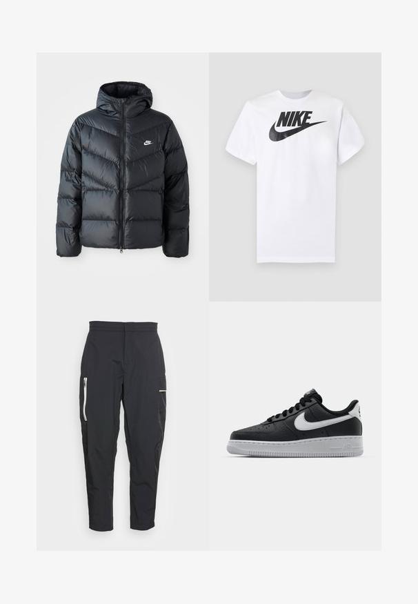 Čierna prešívaná bunda s kapucňou, disponujúca zipsovým uzáverom, dizajnom v tvare chevronu, bočnými vreckami a logom Nike na hrudi.; Biele tričko s krátkym rukávom s čiernym logom Nike a swooshom uprostred na hrudi na jednofarebnom sivom pozadí.; Čierne cargo nohavice z ľahkej tkaniny. Vlastnosti zahŕňajú zipsové postranné vrecká a textúrovaný akcent na stehne. Prispôsobený strih.; Čierne kožené tenisky s textúrovaným povrchom, biely Nike swoosh, šedá podrážka, okrúle špičky a šnurovací dizajn. Obsahuje perforácie na špičke.