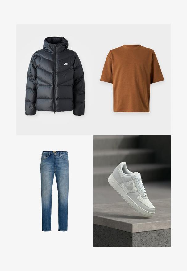Mustapuffa takki hupulla, jossa on vetoketju edessä, viisto ompelu, sivutaskut ja Nike-logo rinnassa.; Ruskea lyhythihainen pyöreäkauluksinen t-paita, väljä istuvuus ja sileä kangaspinta, esitetty yksiväristä vaaleanharmaata taustaa vasten.; Siniset suorat farkut, joissa on viisi taskua, nappi- ja vetoketjusulku, valmistettu kuluneesta denim-kankaasta.; Valkoinen Nike Air Force 1 -tennari, jossa on verkkokangas- ja nahkaosioita, solmittu nauhoilla, kelluu betonisen reunuksen yllä sumean portaikon taustalla.