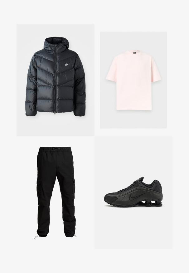 Sort dunjakke med hætte, der har lynlås foran, chevron quiltet design, sidelommer og Nike-logo på brystet.; Lyserød T-shirt med korte ærmer og rund halsudskæring med en lige kant, vist på en ensfarvet lys grå baggrund.; Sorte cargobukser lavet af slidstærkt stof, med elastisk talje, justerbare snore og sidelommer med klaplukninger.; Sorte løbesko med en glat syntetisk overdel, perforerede detaljer, teksturerede sidedele og en distinkt fjedrende sål.