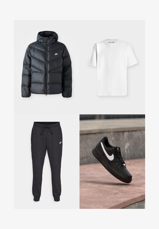 Čierna prešívaná bunda s kapucňou, disponujúca zipsovým uzáverom, dizajnom v tvare chevronu, bočnými vreckami a logom Nike na hrudi.; Jednoduché biele tričko s krátkym rukávom a okrúhlym výstrihom položené na rovnej ploche na svetlosivom pozadí s malou značkovou nálepkou vo výstrihu.; Čierne tepláky vyrobené z bavlneného zmesi, s elastickým pásom na šnúrku, manžetami na členkoch a bielym logom Nike na stehne.; Čierna teniska Nike Air Force 1 s bielym logom Swoosh vznášajúca sa nad kamenným povrchom s šedou textúrovanou stenou v pozadí.