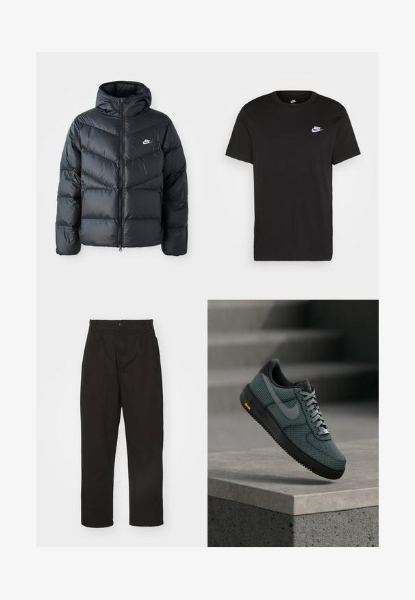 Zwarte pufferjack met capuchon, voorzien van een ritssluiting aan de voorkant, een chevron-quilt ontwerp, zijzakken en het Nike-logo op de borst.; Zwart katoen T-shirt met korte mouwen, ronde hals en een klein wit Nike-logo op de bovenste linkerborst. Gladde textuur. Klassieke pasvorm.; Zwarte broek van gladde stof, met knoopsluiting, rechte snit en twee voorplooien voor extra detail.; Donkergroene en zwarte Nike-sneaker met rasterpatroon, zwarte zool en grijze veters, zwevend boven een betonnen richel tegen een wazige trapachtergrond.