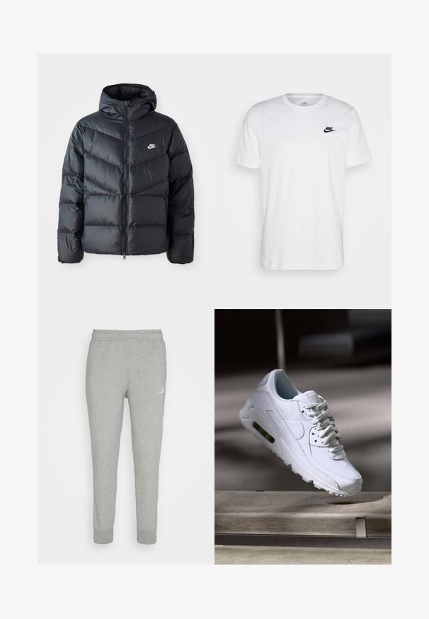 Čierna prešívaná bunda s kapucňou, disponujúca zipsovým uzáverom, dizajnom v tvare chevronu, bočnými vreckami a logom Nike na hrudi.; Biela bavlnená tričko s okrúhlym výstrihom, krátkymi rukávmi a čiernym logom Nike na ľavej hrudi. Jednoduchý, jednofarebný dizajn.; Šedé tepláky z jemnej látky s úzkym strihom, elastickým pásom a malým bielym logom Nike na ľavom stehne.; Biele kožené tenisky s textúrovanými povrchmi, polstrovaným golierom a viditeľným vzduchovým odpružením v podrážke. Majú šnúrky a minimalistický dizajn.