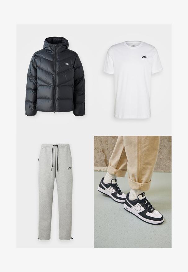 Chaqueta acolchada negra con capucha, con cierre de cremallera al frente, diseño de acolchado en forma de chevron, bolsillos laterales y logo de Nike en el pecho.; Camiseta de algodón blanca con cuello redondo, mangas cortas y un logo negro de Nike en el lado izquierdo del pecho. Diseño simple en un color sólido.; Pantalones de chándal Nike grises con cintura ajustable por cordón, bolsillos laterales y puños elásticos. Presentan una textura suave y un detalle del logo negro en contraste.; Zapatillas Nike Air Force 1 en blanco y negro con parte superior de cuero, puntera perforada y detalle de suela texturizada, combinadas con pantalones beiges remangados y calcetines blancos.