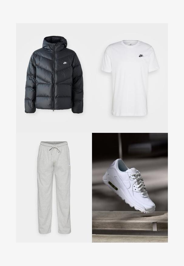 Zwarte pufferjack met capuchon, voorzien van een ritssluiting aan de voorkant, een chevron-quilt ontwerp, zijzakken en het Nike-logo op de borst.; Witte katoenen t-shirt met ronde hals, korte mouwen en een zwart Nike-logo op de linkerkant van de borst. Eenvoudig, effen kleur ontwerp.; Lichtgrijze sweatpants van zachte stof. Heeft een elastische tailleband met trekkoord en een zwart Nike-logo op de linker bovenbeen.; Witte leren sneaker met gestructureerde oppervlakken, gevoerde kraag en zichtbare luchtbescherming in de zool. Heeft veters en een minimalistisch ontwerp.