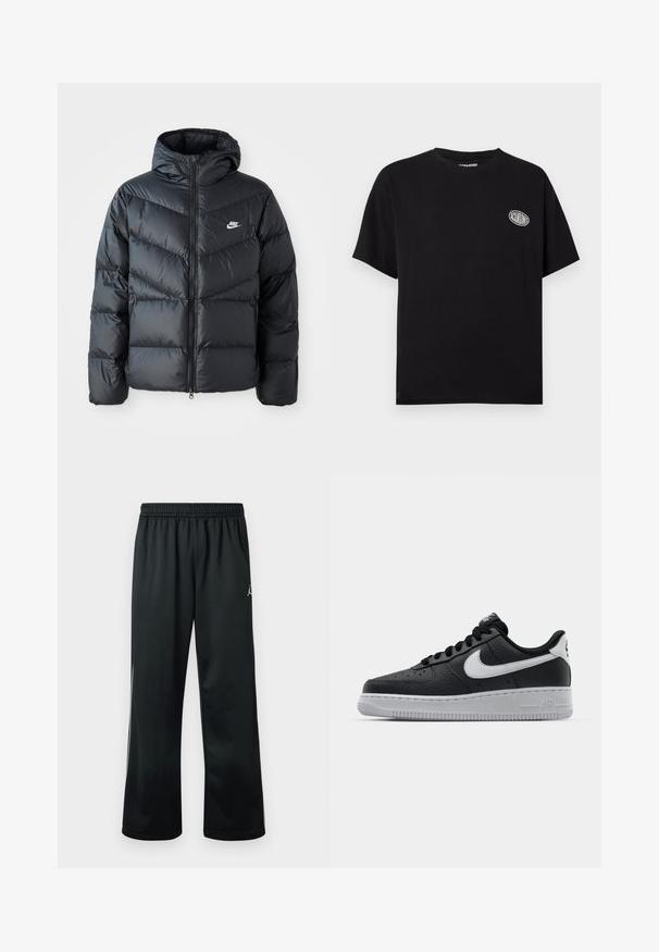 Mustapuffa takki hupulla, jossa on vetoketju edessä, viisto ompelu, sivutaskut ja Nike-logo rinnassa.; Mustavärinen, lyhythihainen, pyöreäkauluksinen T-paita, jossa vasemmassa rinnassa pieni valkoinen soikea logo, jossa lukee "JACK&JONES".; Mustat urheiluhousut, joissa on joustava vyötärönauha. Yläosassa on valkoinen logo, ja materiaali on sileää ja kevyttä.; Musta nahkakengät, joissa on teksturoitu pinta, valkoinen Nike -logo, harmaa pohja, pyöreä kärki ja nauhakiinnitys. Varustettu rei'illä kärkilaatikossa.