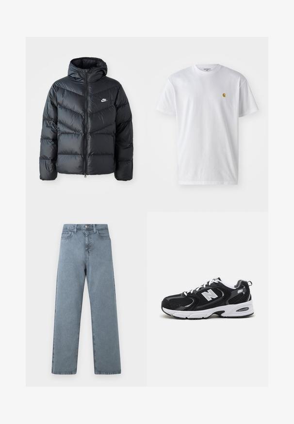 Chaqueta acolchada negra con capucha, con cierre de cremallera al frente, diseño de acolchado en forma de chevron, bolsillos laterales y logo de Nike en el pecho.; Camiseta de algodón blanca con mangas cortas, cuello redondo, que presenta un pequeño logo dorado en la parte izquierda del pecho. Textura suave y corte regular.; Jeans de mezclilla azul claro con un diseño de pierna recta, cinco bolsillos, cierre de botón metálico y una textura ligeramente desgastada.; Zapatillas deportivas en negro y gris con parte superior de malla y ante, que cuentan con una entresuela blanca, cordones y un llamativo logo "N" en el lateral.