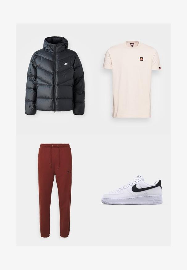 Mustapuffa takki hupulla, jossa on vetoketju edessä, viisto ompelu, sivutaskut ja Nike-logo rinnassa.; Vaaleanbeige lyhythihainen t-paita, joka on valmistettu puuvillasta. Paidassa on pieni musta ja punainen logopatch vasemmassa rinnassa sekä logot yksityiskohtina hihoissa.; Vayehtävät ruskeat college-housut pehmeästä kankaasta, joissa on joustava vyötärönyöri, kuminauhakahleet, ja musta logoväri sivussa.; Valkoinen nahkakenkä, jossa on teksturoitu musta Swoosh, litteät nauhat ja kumipohja, jossa on uritettu malli. "AIR" on painettu kantapään kohdalle.