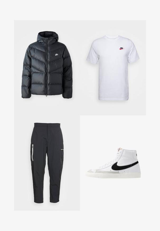 Zwarte pufferjack met capuchon, voorzien van een ritssluiting aan de voorkant, een chevron-quilt ontwerp, zijzakken en het Nike-logo op de borst.; Witte short-sleeve t-shirt van katoen, met een klein rood en zwart Nike-logo op de linkerkant van de borst. Regular fit, ronde hals.; Zwarte cargobroek van lichtgewicht stof. Kenmerken zijn onder andere rits zijzakken en een gestructureerd accent op de dij. Tailored fit.; Witte hoge sneakers met een zwarte swoosh, textuur grijze neus en een vlakke witte zool. Kenmerkt zes veteropeningen en gestikte accenten.