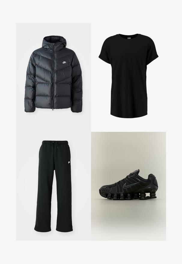 Chaqueta acolchada negra con capucha, con cierre de cremallera al frente, diseño de acolchado en forma de chevron, bolsillos laterales y logo de Nike en el pecho.; Camiseta negra de manga corta en un corte relajado. Confeccionada en tela suave con escote redondeado y mangas enrolladas. Textura suave, sin estampados.; Pantalones deportivos negros de tela suave, con una cinturilla elástica y un cordón ajustable, además de un pequeño logo en el lado.; Zapatilla de correr negra Nike con suela segmentada similar a un muelle, parte superior de malla y logotipo swoosh negro a juego en el lateral.