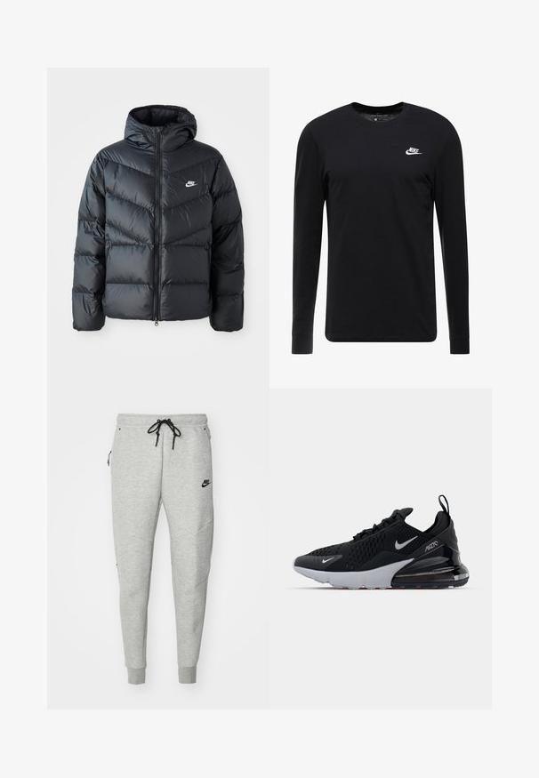 Schwarze Pufferjacke mit Kapuze, mit Reißverschluss vorne, Chevron-Steppdesign, Seiten Taschen und Nike-Logo auf der Brust.; Schwarzes Langarm-T-Shirt aus Baumwolle, mit Rundhalsausschnitt, gerippten Bündchen und kleinem weißen Nike-Logo auf der Brust.; Graue Sweatpants mit glatter Textur, elastischem Bund, verstellbarem schwarzem Kordelzug, zwei seitlichen Taschen und einem kleinen schwarzen Logo.; Schwarzer Sportschuh mit Mesh-Obermaterial, weißer Zwischensohle und sichtbarem Luftpolster im Fersenbereich. elegantes Design mit dezenten silbernen Akzenten.