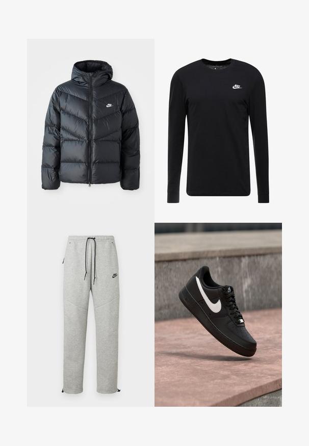 Sort dunjakke med hætte, der har lynlås foran, chevron quiltet design, sidelommer og Nike-logo på brystet.; Sort langærmet T-shirt lavet af bomuld, med rund hals, ribbede manchetter og et lille hvidt Nike-logo på brystet.; Grå Nike sweatpants med snøre i taljen, sidelommer og elastiske manchetter. Har en glat overflade og kontrastfarvet sort logo-detalje.; Sort Nike Air Force 1-sneaker med hvid swoosh-logo, svævende over en stenovertflade med en grå tekstureret væg i baggrunden.