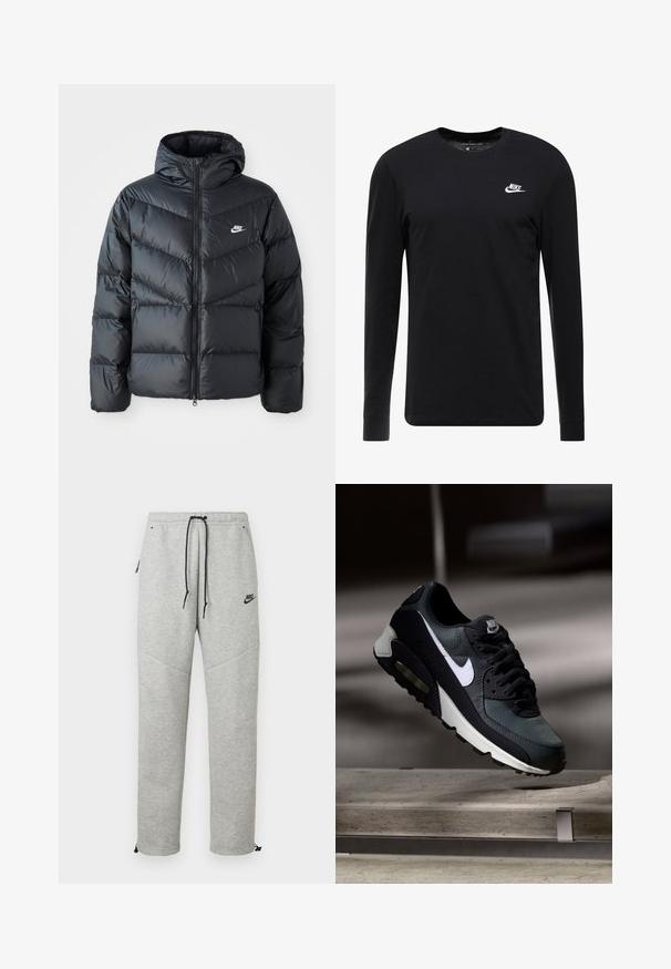 Schwarze Pufferjacke mit Kapuze, mit Reißverschluss vorne, Chevron-Steppdesign, Seiten Taschen und Nike-Logo auf der Brust.; Schwarzes Langarm-T-Shirt aus Baumwolle, mit Rundhalsausschnitt, gerippten Bündchen und kleinem weißen Nike-Logo auf der Brust.; Graue Nike Sweatpants mit einem Kordelzugbund, Seitentaschen und elastischen Bündchen. Sie haben eine glatte Textur und ein kontrastierendes schwarzes Logodetail.; Schwarzer und grauer Nike Air Max Sneaker mit weißem Swoosh, schwebend über einer Betonfläche vor einem verschwommenen dunklen Hintergrund.