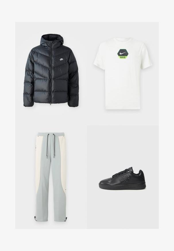 Mustapuffa takki hupulla, jossa on vetoketju edessä, viisto ompelu, sivutaskut ja Nike-logo rinnassa.; Valkoinen lyhythihainen Nike-t-paita, jossa musta ja vihreä kuusikulmio-logo, jossa Nike-swoosh ja teksti rinnan keskellä.; Vaaleansininen ja luonnonvalkoinen suoralahkeiset collegehousut mustilla säädettävillä vetoketjuilla ja nilkan soljilla.; Musta nahkakengät, joiden pinta on sileä, pyöreä kärki, tekstuurilliset nauhat ja sivussa kohokuvioitu logo. Litteä kumipohja.