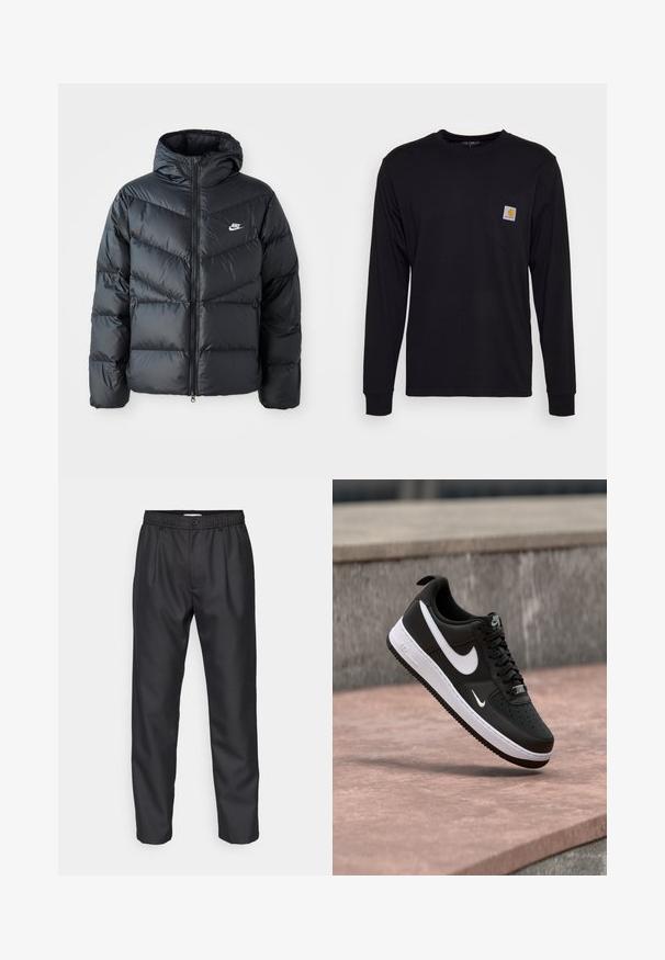 Čierna prešívaná bunda s kapucňou, disponujúca zipsovým uzáverom, dizajnom v tvare chevronu, bočnými vreckami a logom Nike na hrudi.; Čierna dlhá rukávová košeľa vyrobená z bavlny. Má náprsné vrecko so štvorcovou šedou nálepkou a oranžovým logom. Jednoduchý dizajn v jednofarbovej farbe.; Čierne nohavice vyrobené z hladkej látky, s elastickým pásom, prednými záhybmi a rovnými nohami. Jednoduchý dizajn bez viditeľných vzorov.; Čierno-biely teniska Nike Air Force 1 visiaca nad ružovým betónovým povrchom s pozadím zo sivého kameňa.