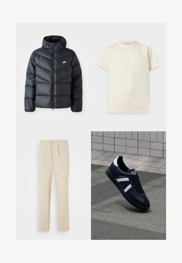 Must must vilakapp, millel on kapuuts, esiosal on lukuga kinnitamine, chevroni õmblusmustri disain, küljetaskud ja Nike logo rinnal.; Põhiline lühikeste varrukatega puuvillane t-särk helevalges toonis, ümara kaelusega ja väike sisemine silt, millel on tekst "Selected."; Beezid, elastse vöödega püksid, kus on string. Omavad sirgeid jalgu ja sileda tekstuuri, sobivad igapäevaseks kandmiseks või lõõgastumiseks.; Must have musta sneaker musta valgete triipudega, tekstuurne kummitald ja nööridega esiosa. Omab bränditud märki keele peal.