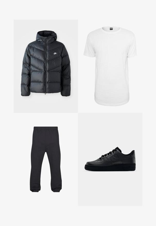 Must must vilakapp, millel on kapuuts, esiosal on lukuga kinnitamine, chevroni õmblusmustri disain, küljetaskud ja Nike logo rinnal.; Valge lühikeste varrukatega t-särk, mis on valmistatud puuvillast, klassikalise ümmarguse kaelusega, lõdva lõikega ja ilma nähtavate mustrite või logodeta.; Mustad elastse vöökohaga jookspüksid elastsete mansettidega, tehtud pehmest, siledast kangast, nähtavad eest poolt lahtiselt.; Mustad Nike Air Force 1 tossud musta sileda nahast, perforatsioonidega varvas hingavuse tagamiseks, mustad paelad ja tekstureeritud kummitald.