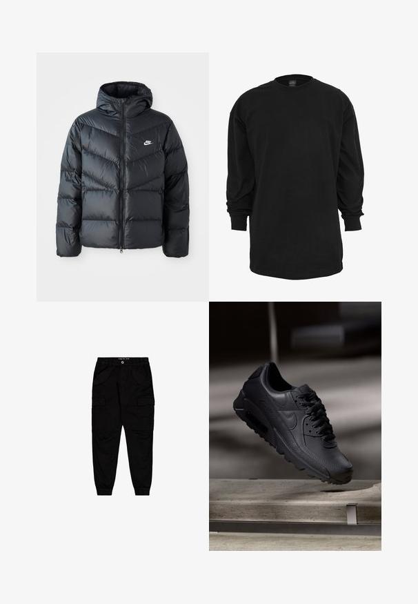 Sort dunjakke med hætte, der har lynlås foran, chevron quiltet design, sidelommer og Nike-logo på brystet.; Sort langærmet t-shirt lavet af bomuld. Har en rund halsudskæring og almindelig pasform. Glat tekstur uden synlige mønstre eller detaljer.; Sorte cargobukser lavet af bomuld, med to forlommer og to side cargolommer, samt elastiske manchetter og talje.; Sorte Nike Air Max-sneakers med en struktureret læderoverdel, gummisål og fremtrædende snøresystem, der viser et slankt, moderne design.