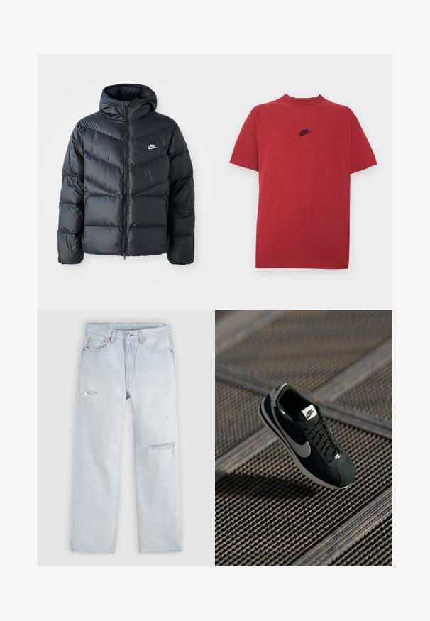 Mustapuffa takki hupulla, jossa on vetoketju edessä, viisto ompelu, sivutaskut ja Nike-logo rinnassa.; Punainen puuvillainen t-paita, jossa on musta Nike-logo rinnassa, lyhyet hihat, pyöreä pääntie ja normaali istuvuus. Sileä rakenne.; Vaaleansiniset suoralahkeiset farkut, joissa kulutettuja yksityiskohtia ja rispaantuneita kohtia. Perinteinen viiden taskun malli metallinapeilla.; Musta Nike-tennarit, joissa on harmaat korostukset, valmistettu nahasta ja verkkomateriaalista, tekstuuripohja, kapea muoto ja perinteinen nauhoitusdesign.