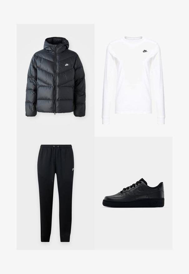 Čierna prešívaná bunda s kapucňou, disponujúca zipsovým uzáverom, dizajnom v tvare chevronu, bočnými vreckami a logom Nike na hrudi.; Biele dlhé rukávy tričko vyrobené z bavlny, s malým čiernym logom Nike na ľavej hrudi a okrúhlym výstrihom. Hladká textúra.; Čierne teplákové nohavice z mäkkej tkaniny, s elastickým pásom na šnúrky, s manžetami na členkoch a malým logom na boku.; Čierne tenisky Nike Air Force 1 s hladkým koženým zvrškom, perforovanou špičkou pre priedušnosť, čiernymi šnúrkami a textúrovanou gumovou podrážkou.