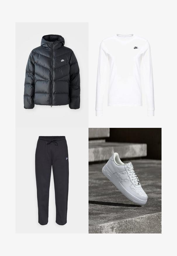 Zwarte pufferjack met capuchon, voorzien van een ritssluiting aan de voorkant, een chevron-quilt ontwerp, zijzakken en het Nike-logo op de borst.; Witte lange mouwen T-shirt van katoen, met een klein zwart Nike-logo op de linkerkant van de borst en een ronde halslijn. Gladde textuur.; Zwarte sweatpants van zacht stof met een elastische tailleband, trekkoord en een klein Nike-logo op de linker bovenbeen.; Witte Nike Air Force 1 sneaker met gegraveerde sterrenpatronen en een metalen ster-veterbedel, zwevend boven een betonnen oppervlak.