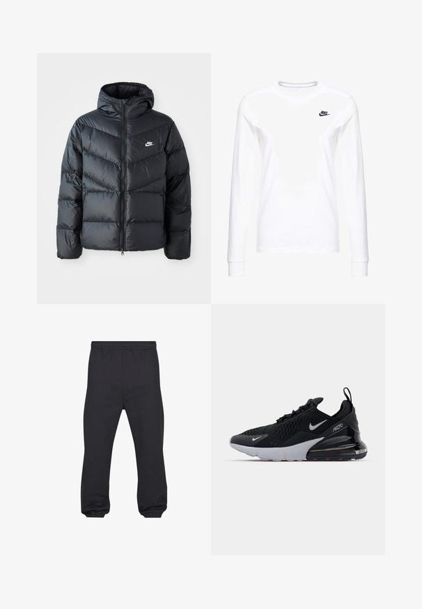 Schwarze Pufferjacke mit Kapuze, mit Reißverschluss vorne, Chevron-Steppdesign, Seiten Taschen und Nike-Logo auf der Brust.; Weißes Langarm-T-Shirt aus Baumwolle mit kleinem schwarzem Nike-Logo auf der linken Brust und rundem Halsausschnitt. Glatte Textur.; Schwarze Jogginghose mit elastischem Bund und elastischen Bündchen, aus weichem, glattem Stoff, flach von vorne dargestellt.; Schwarzer Sportschuh mit Mesh-Obermaterial, weißer Zwischensohle und sichtbarem Luftpolster im Fersenbereich. elegantes Design mit dezenten silbernen Akzenten.